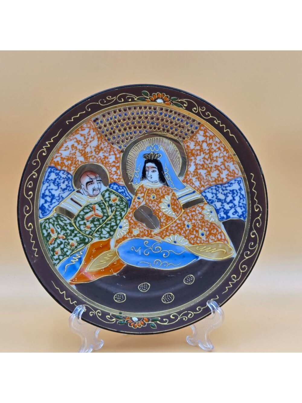 Vintage Japanese Satsuma Moriage Kannon Arhat Hand Painted Salad Plate